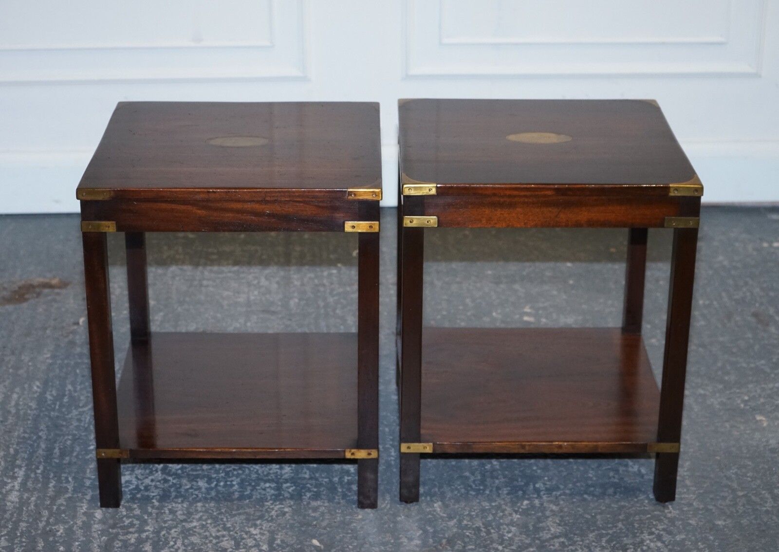 Fine English Pair Of Bevan Funnell Military Campaign Nightstands End Side Tables photo 1450.0