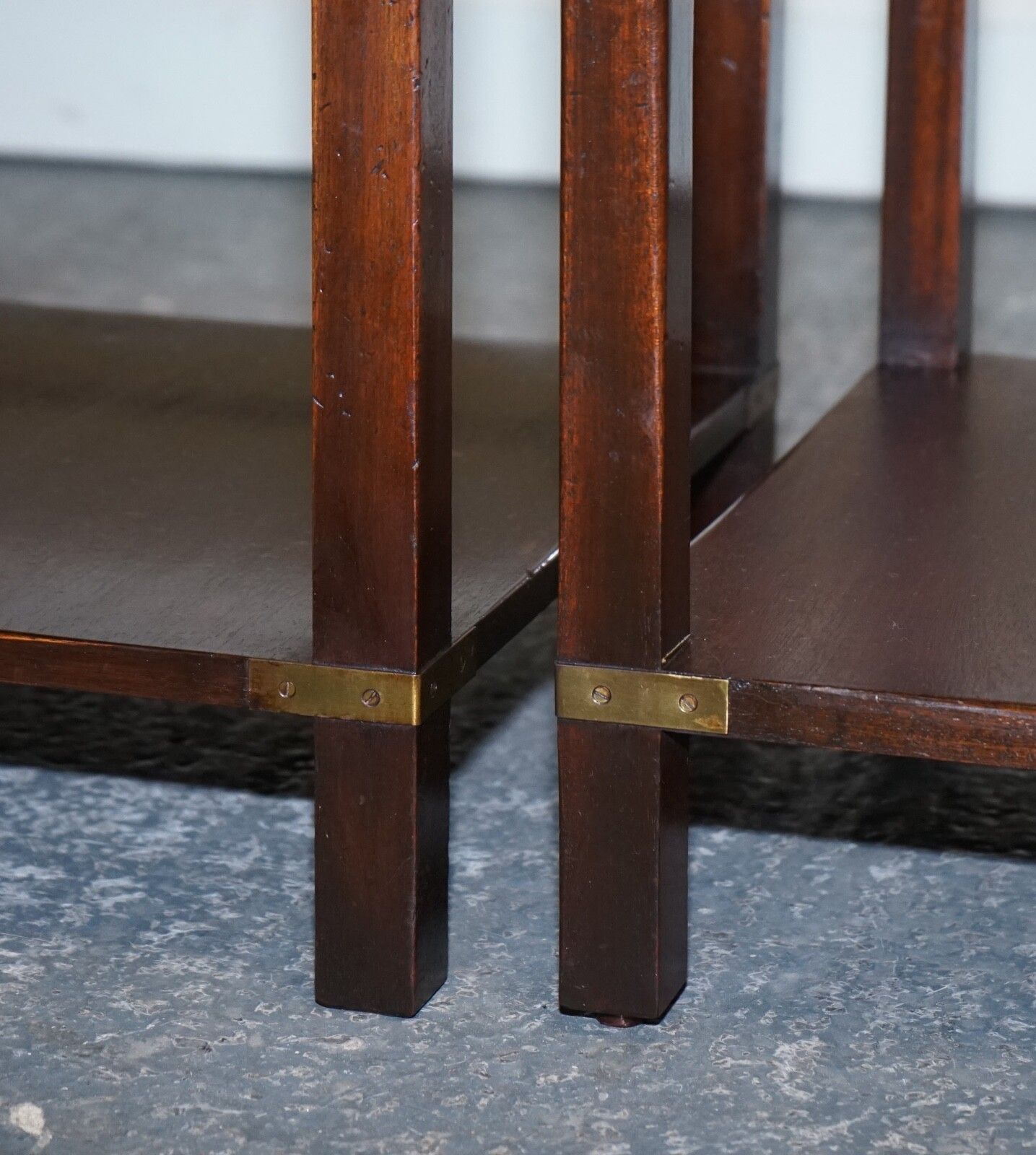 photo for sale Fine English Pair Of Bevan Funnell Military Campaign Nightstands End Side Tables