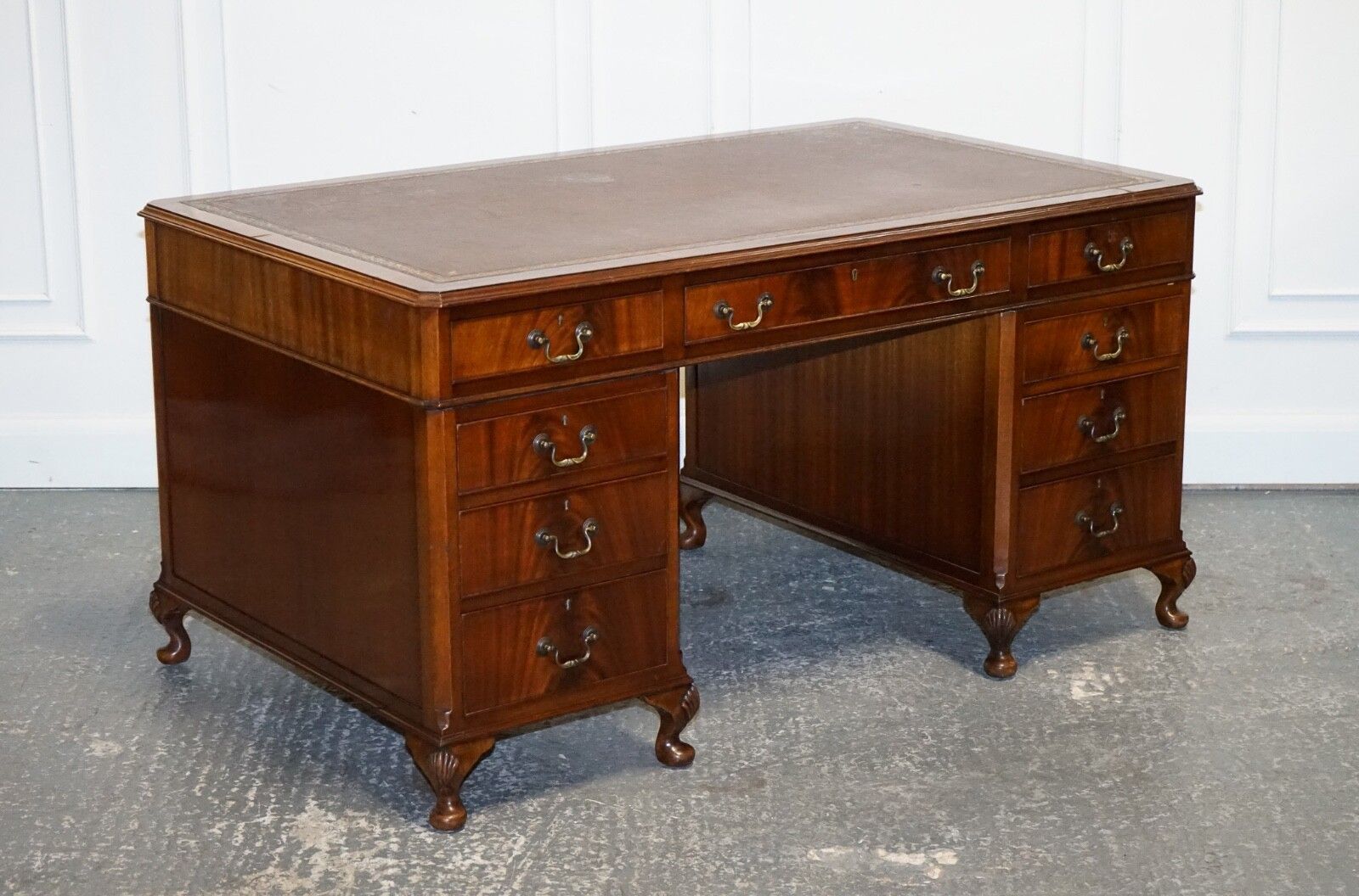 Rare Globe Wernicke Burgundy Embossed Leather Top Twin Pedestal Desk photo furniture