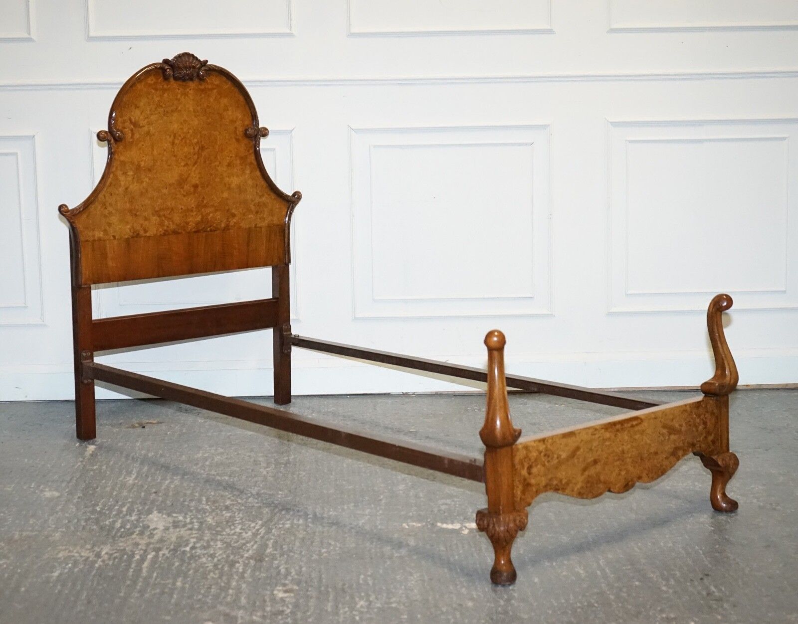 1930 Art Deco Burr Walnut English Made Vono Bedstead Frame Queen Anne Legs 2/2 photo furniture