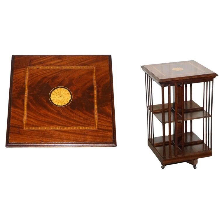 Mid Centry Sheraton Revival Inlaid Revolving Bookcase End Table On Castors
