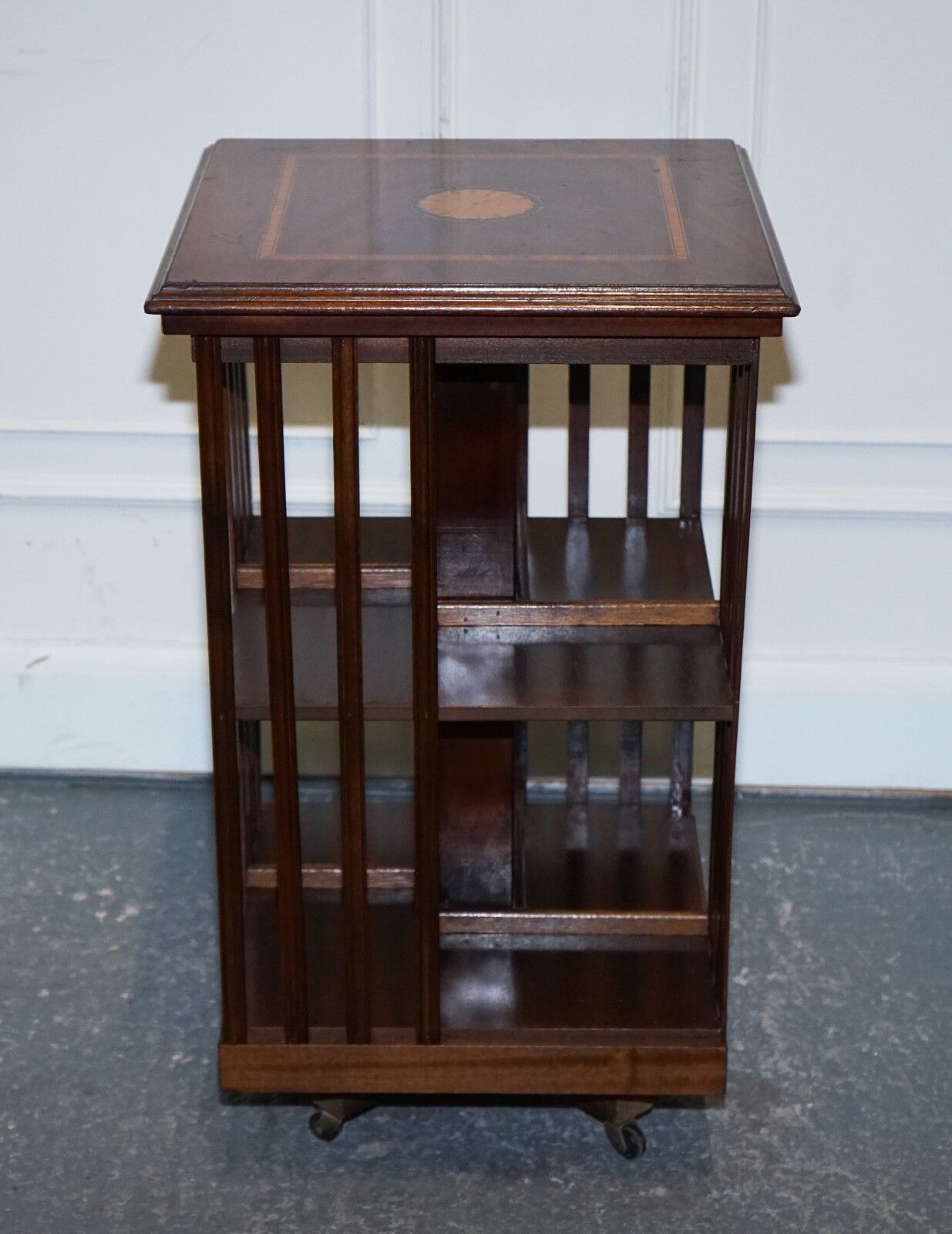 Furniture Mid Centry Sheraton Revival Inlaid Revolving Bookcase End Table On Castors photo