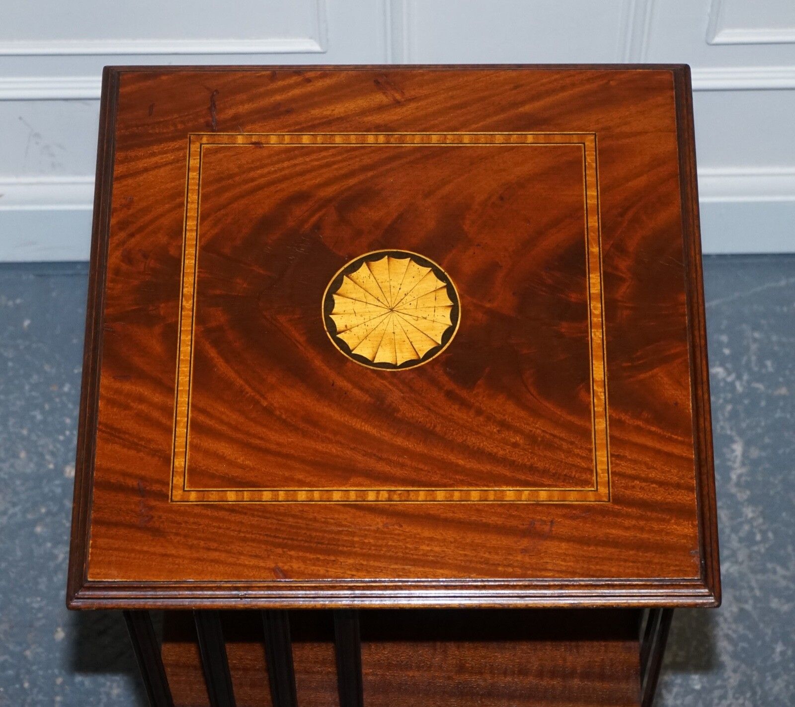 photo buy Mid Centry Sheraton Revival Inlaid Revolving Bookcase End Table On Castors