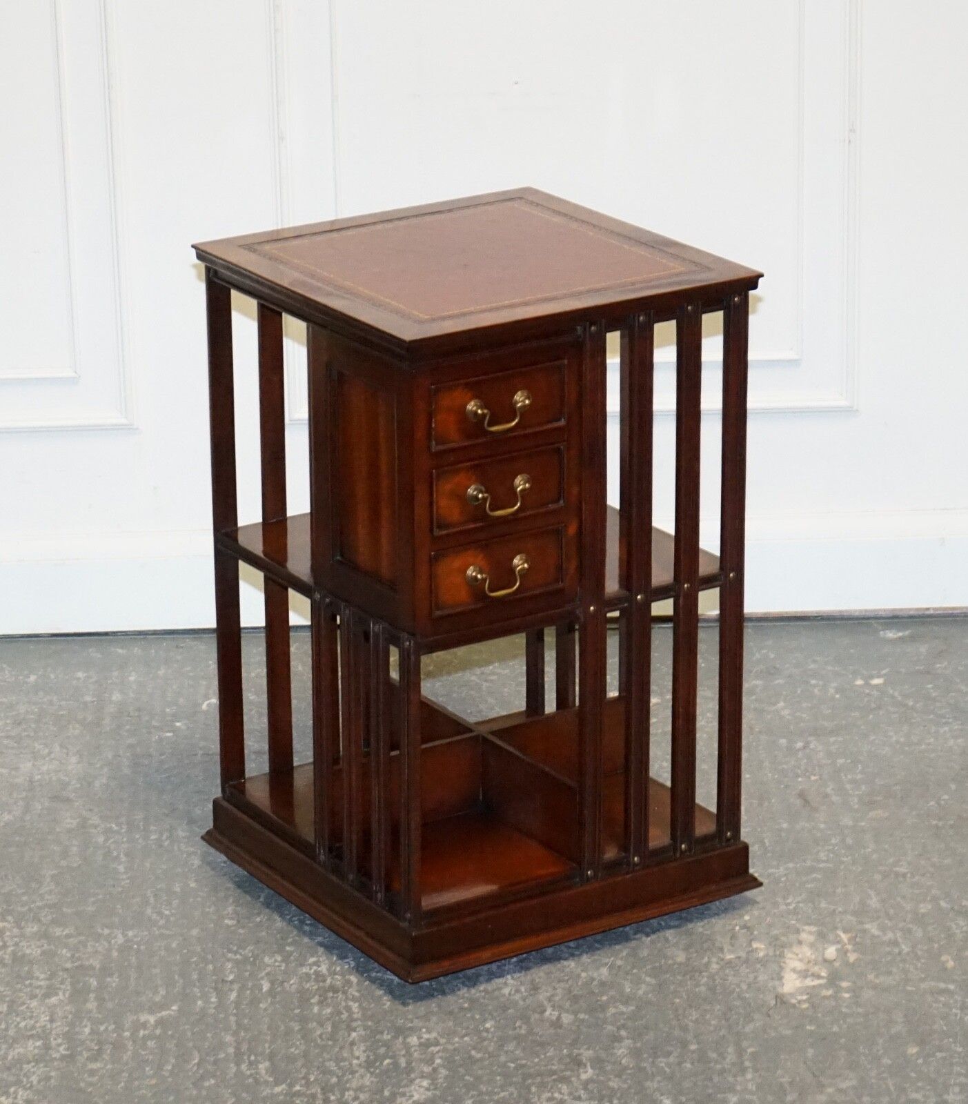 Stunning Revival Inlaid Revolving Bookcase End Table With Brown Aged Leather Top photo furniture