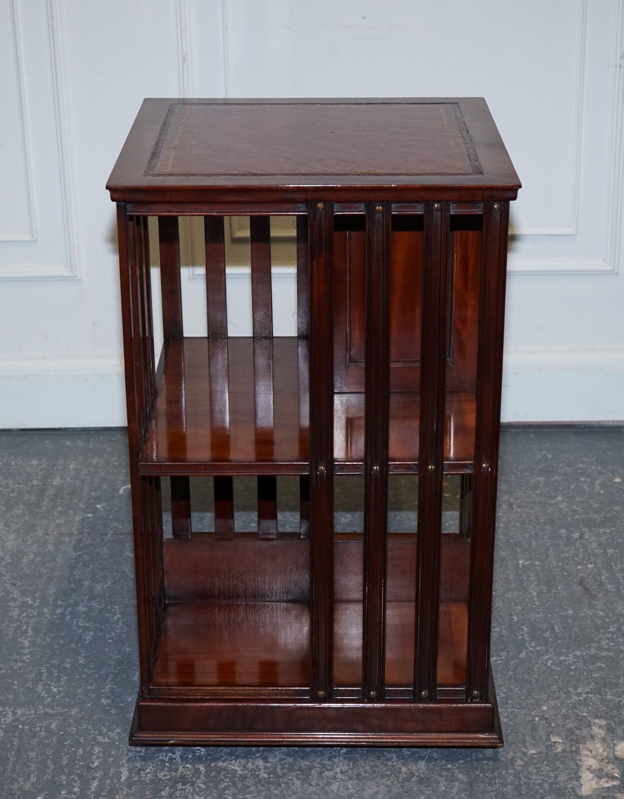Stunning Revival Inlaid Revolving Bookcase End Table With Brown Aged Leather Top photo vinterior