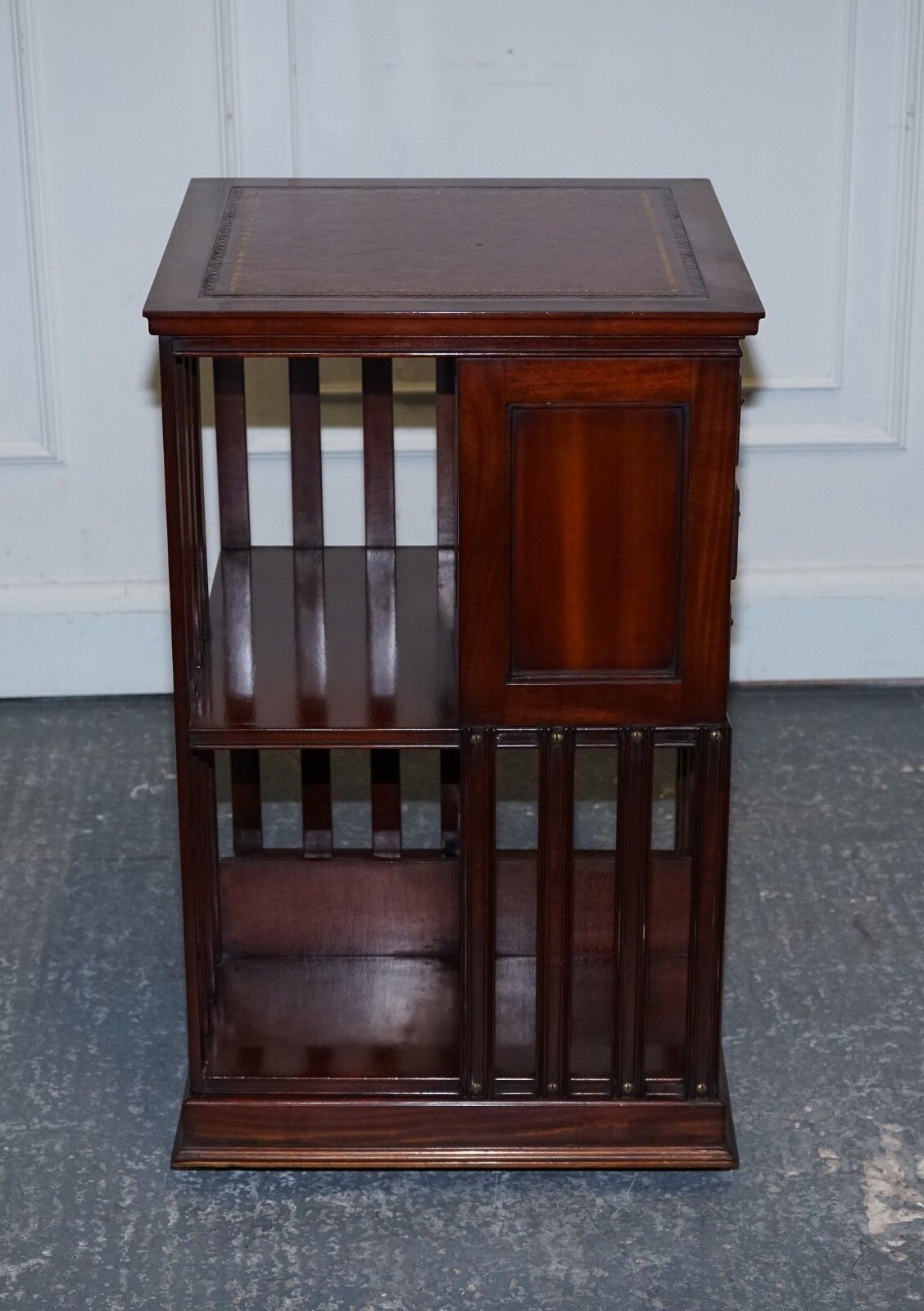 Stunning Revival Inlaid Revolving Bookcase End Table With Brown Aged Leather Top photo buy