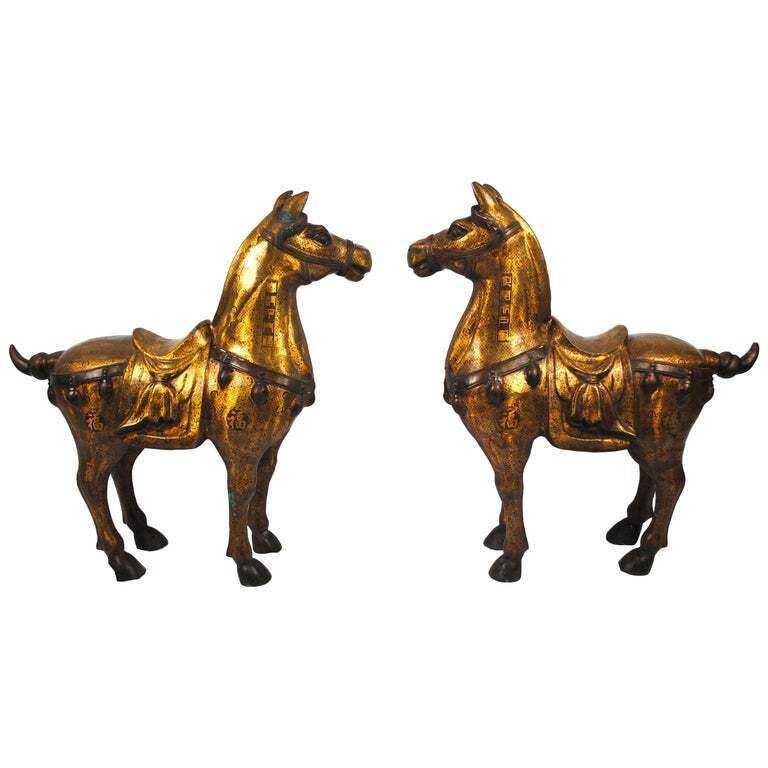 Pair Of 20th Century Bronze Gilded Gift Horses