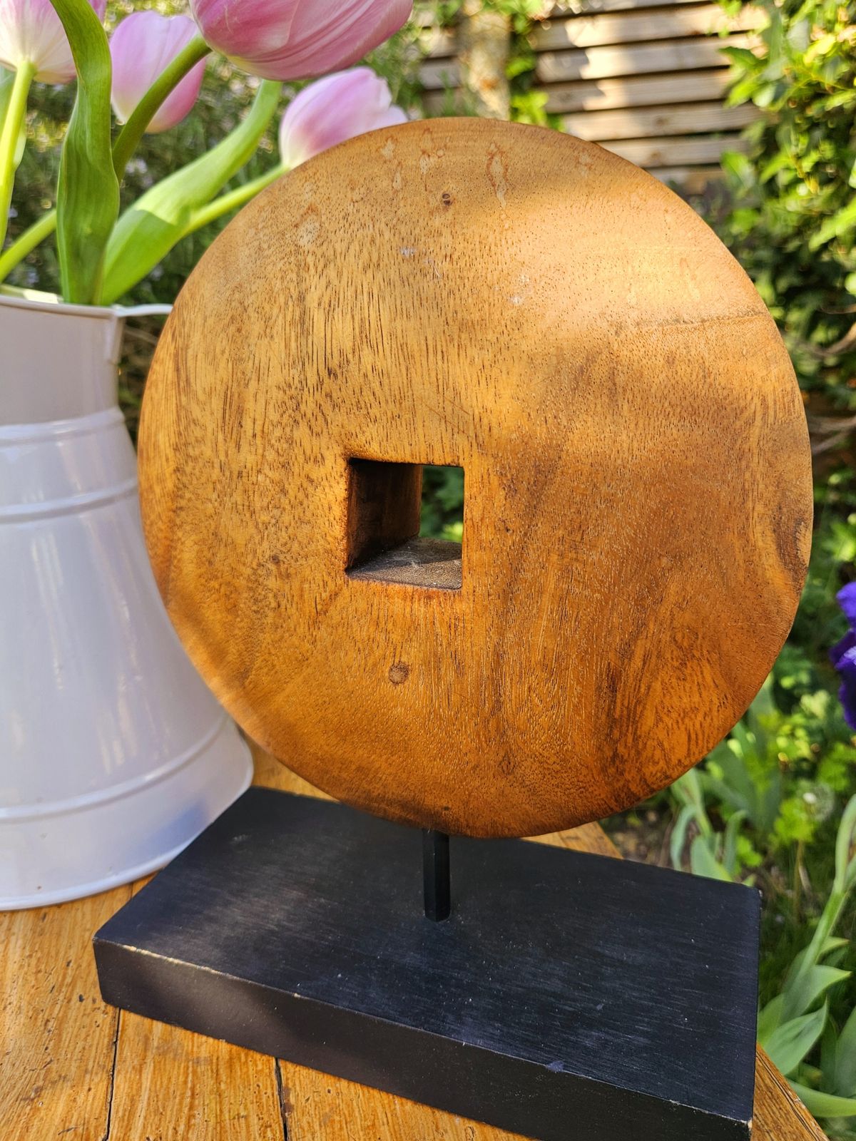 Wood Mounted, Circular 'Wheel' Ornament In Warm Mango Wood photo furniture