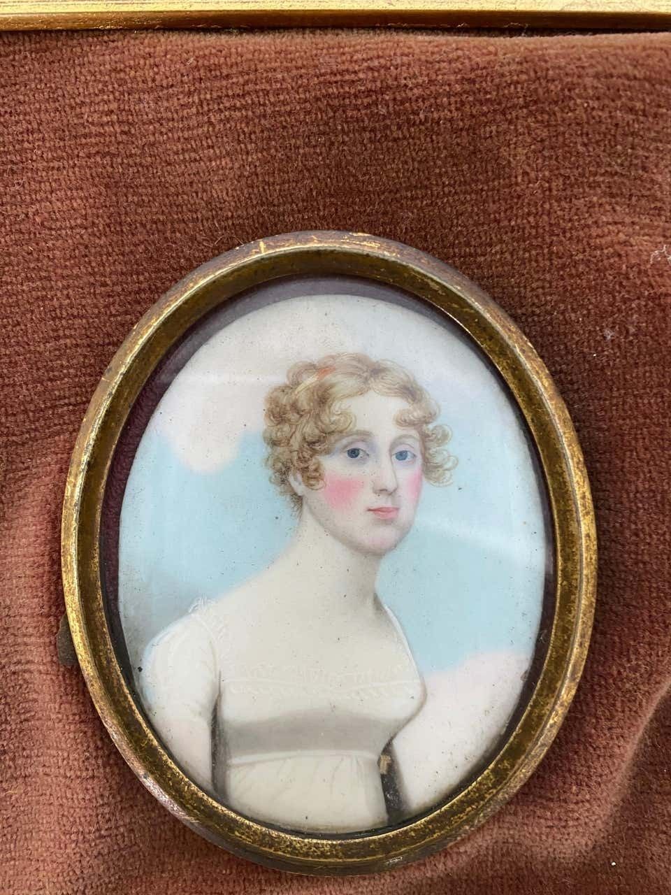 Wooden Framed Picture Of English Lady In White Frock, 19th Century photo for sale