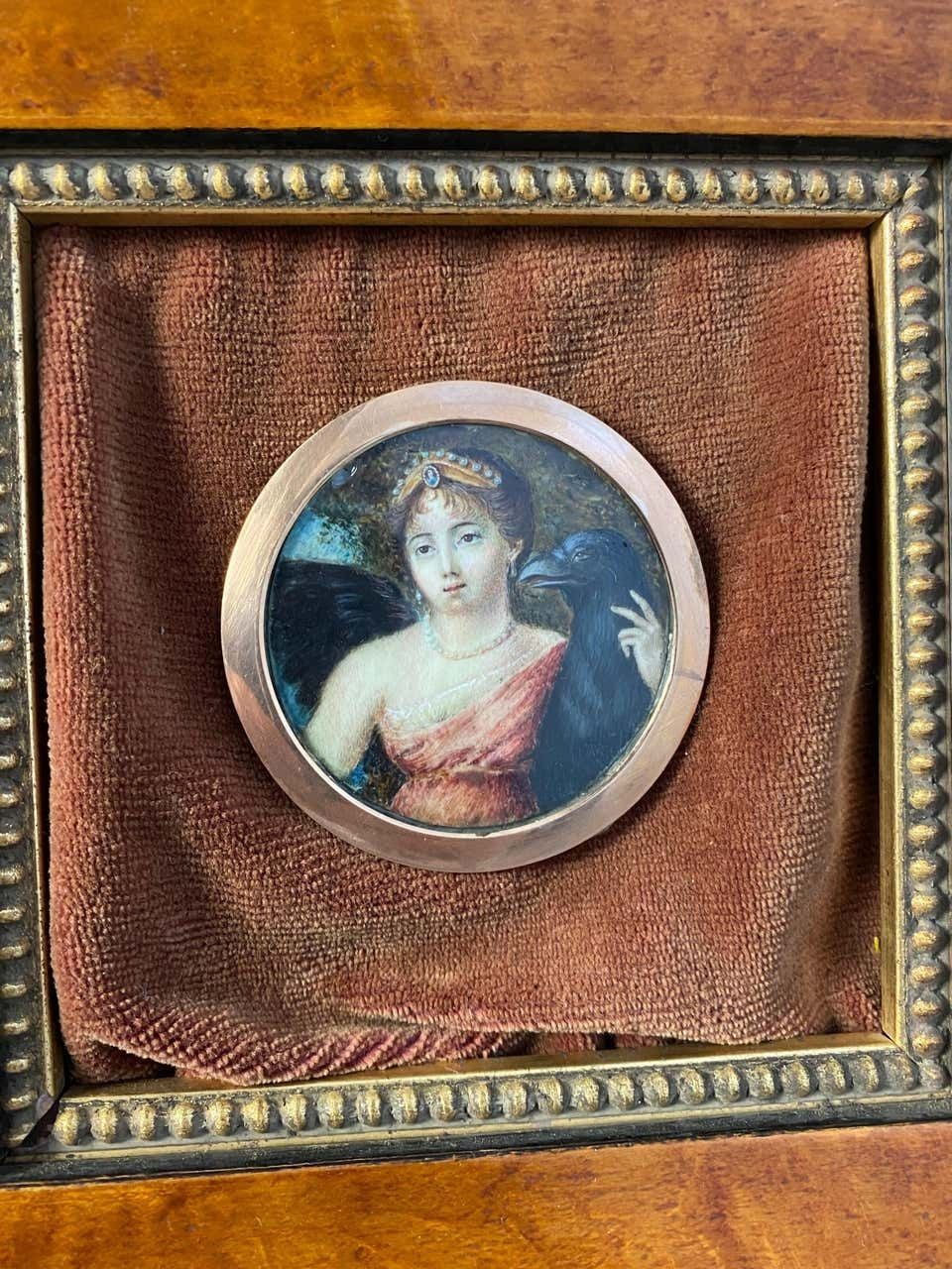 Wooden Framed Picture Of Young Princess And Large Bird Of Prey photo vintage