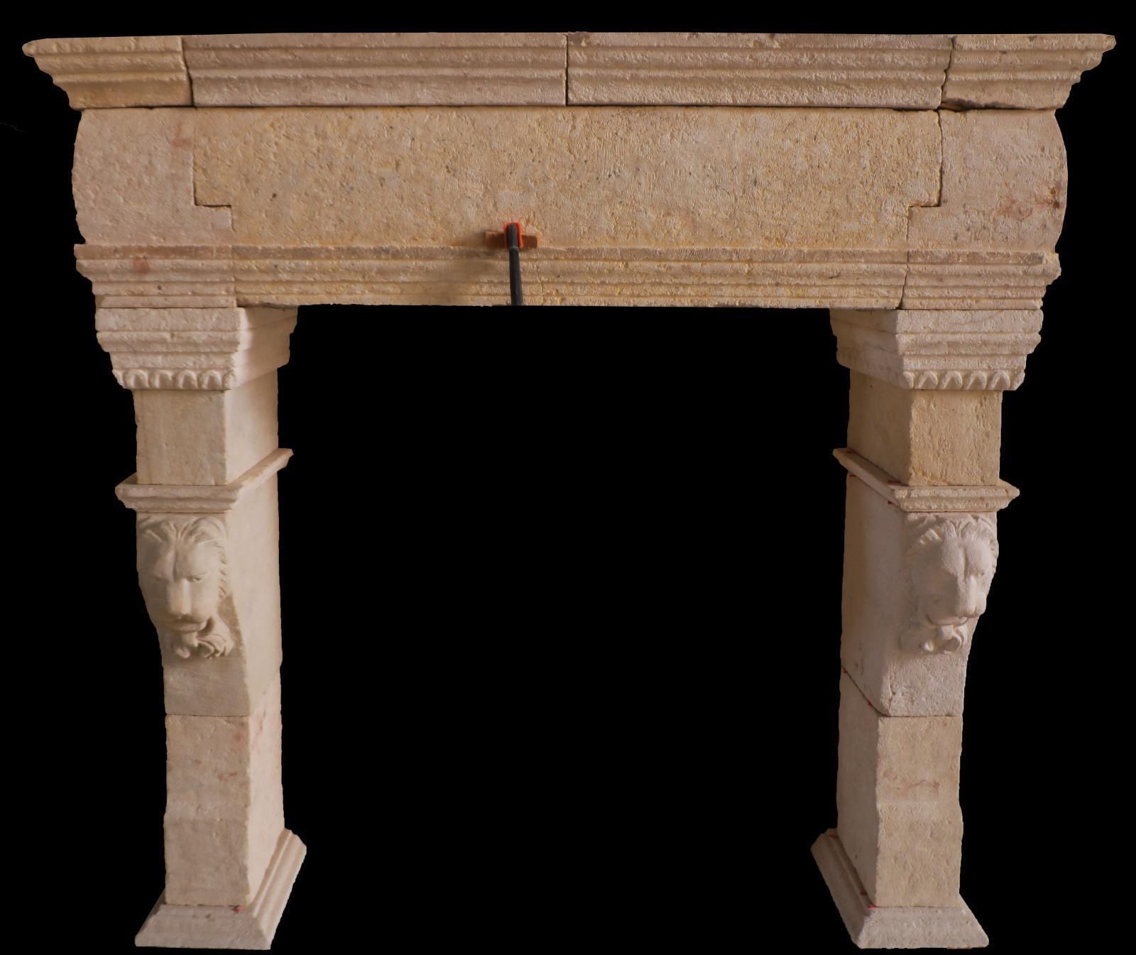 20th Century French Limestone Fireplace With Carved Lion Masks