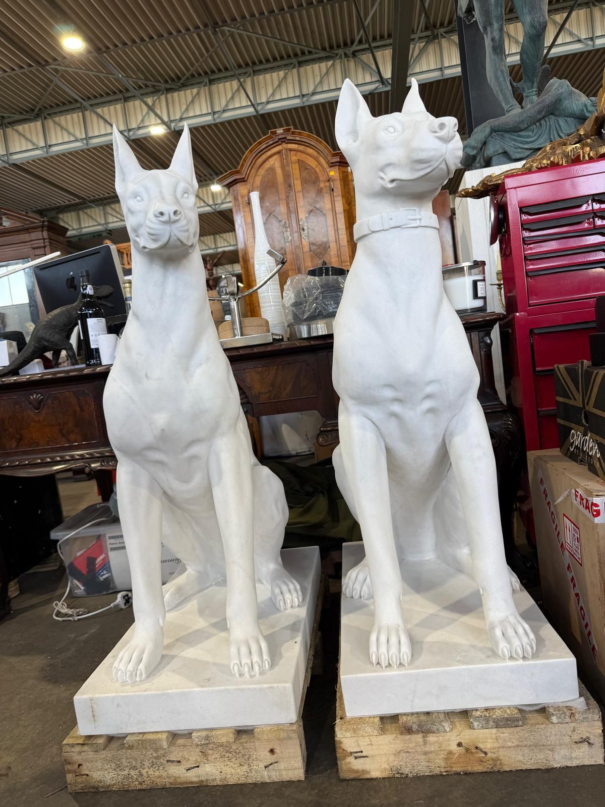 Pair Of Monumental Hand Carved White Marble Doberman Statues