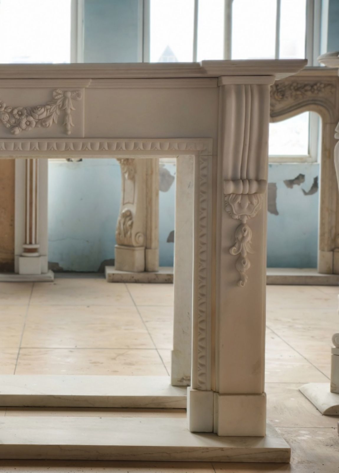 Neoclassical Hand Carved Marble Fireplace Mantle With Swag And Reeded Column photo Home Fixtures