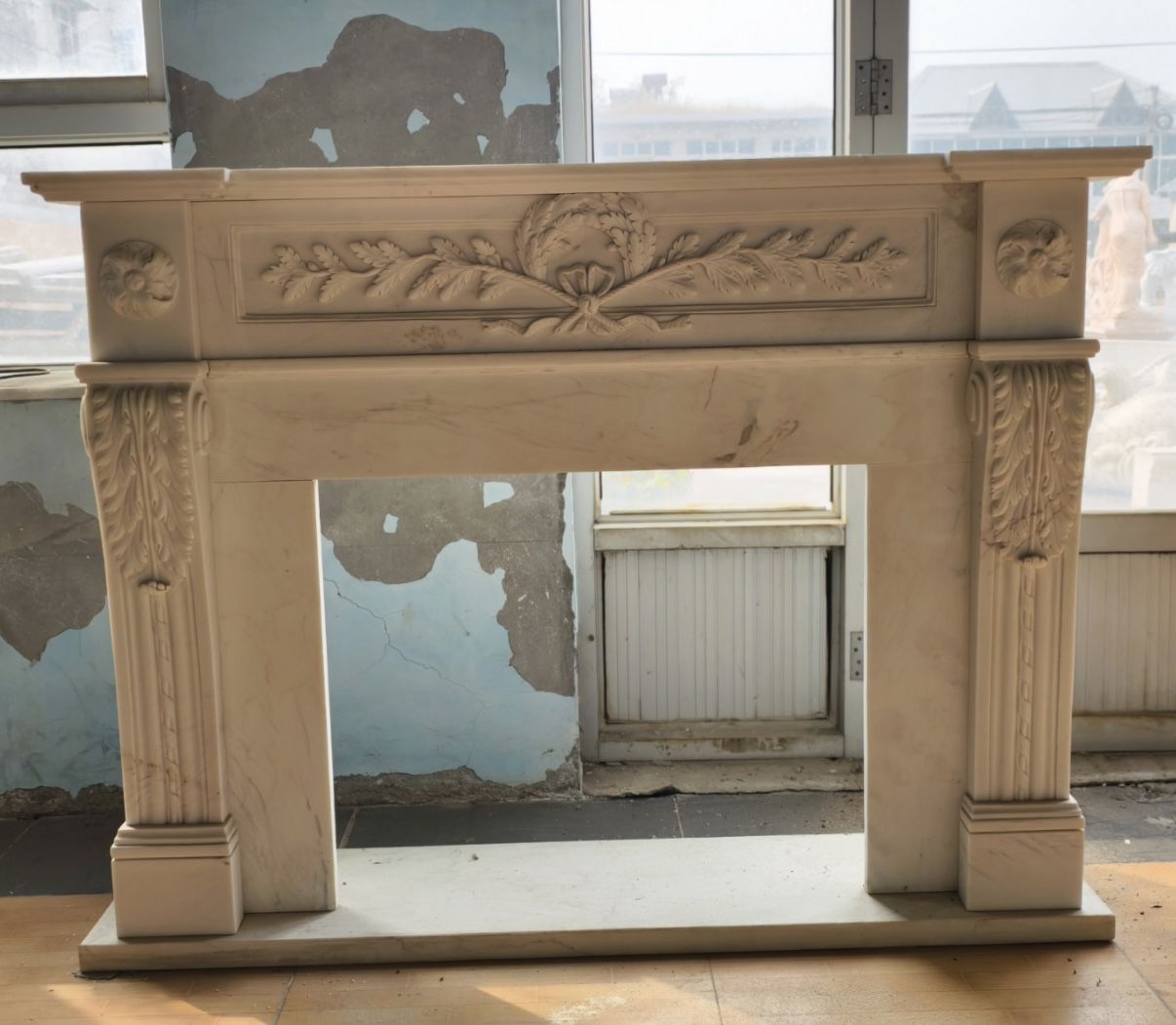 Neoclassical Hand Carved White Marble Fireplace Mantle With Laurel And Rosette