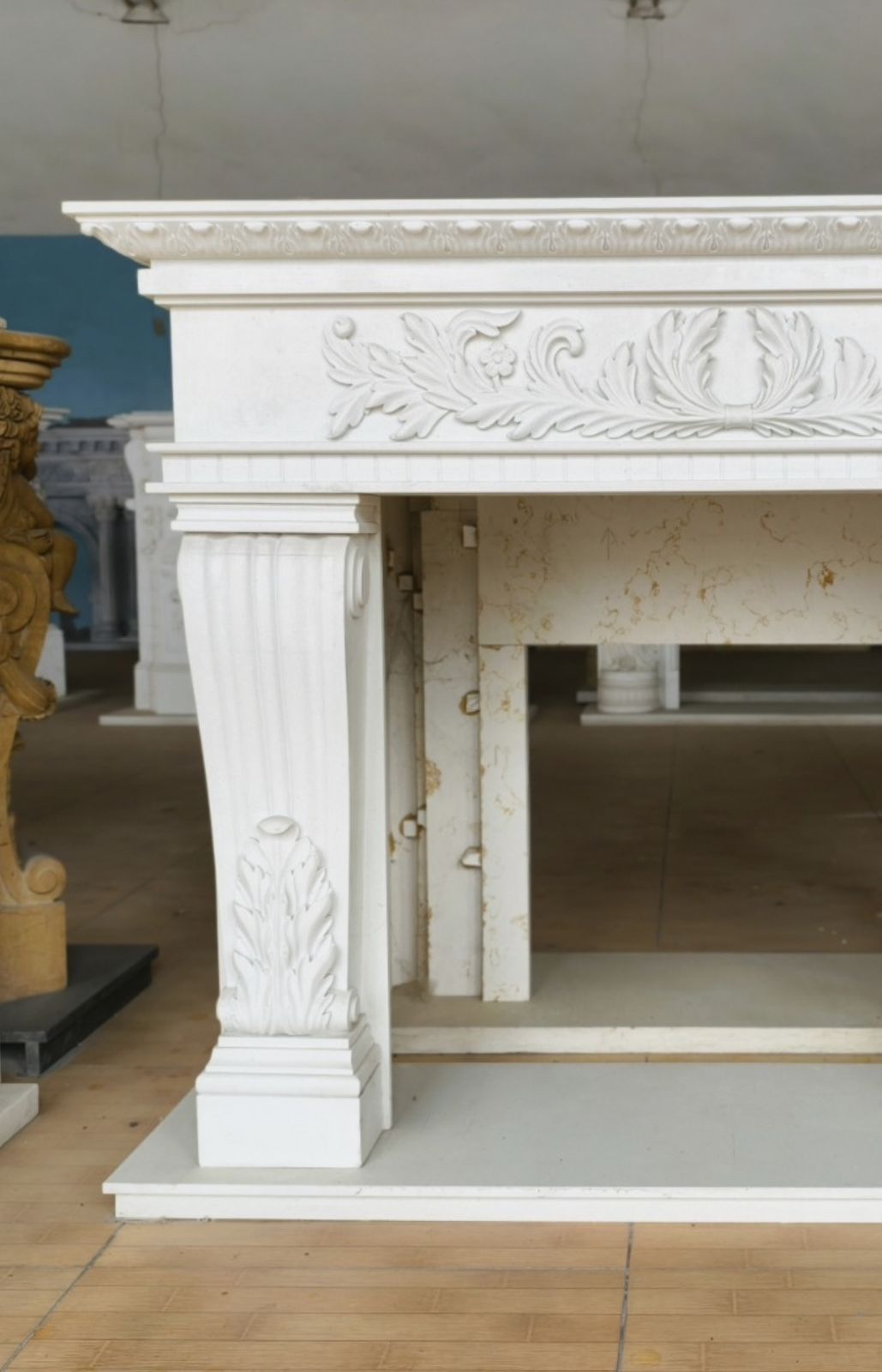 Refined Neoclassical Hand Carved White Marble Composite Fireplace Mantle photo 3500.0