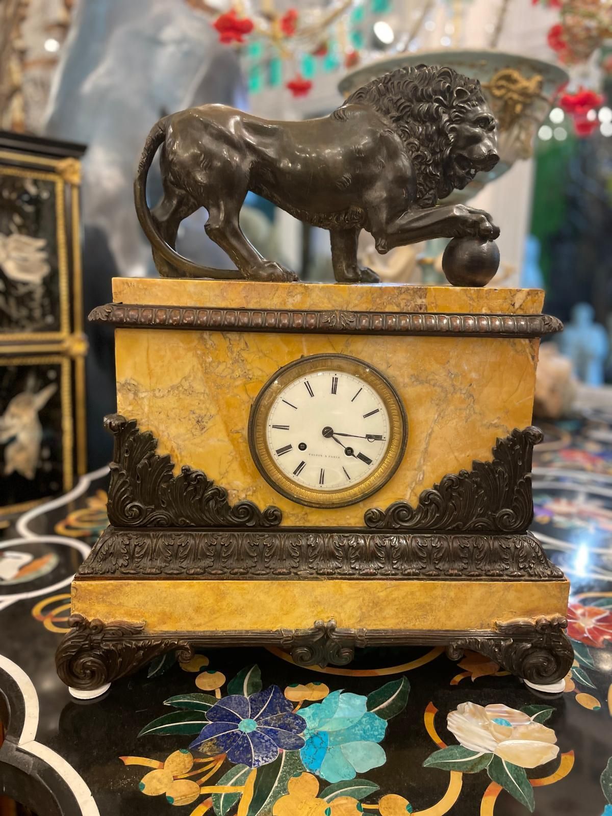 Bronze Lion French Sienna Marble Clock With Silk Suspension – Circa 1820