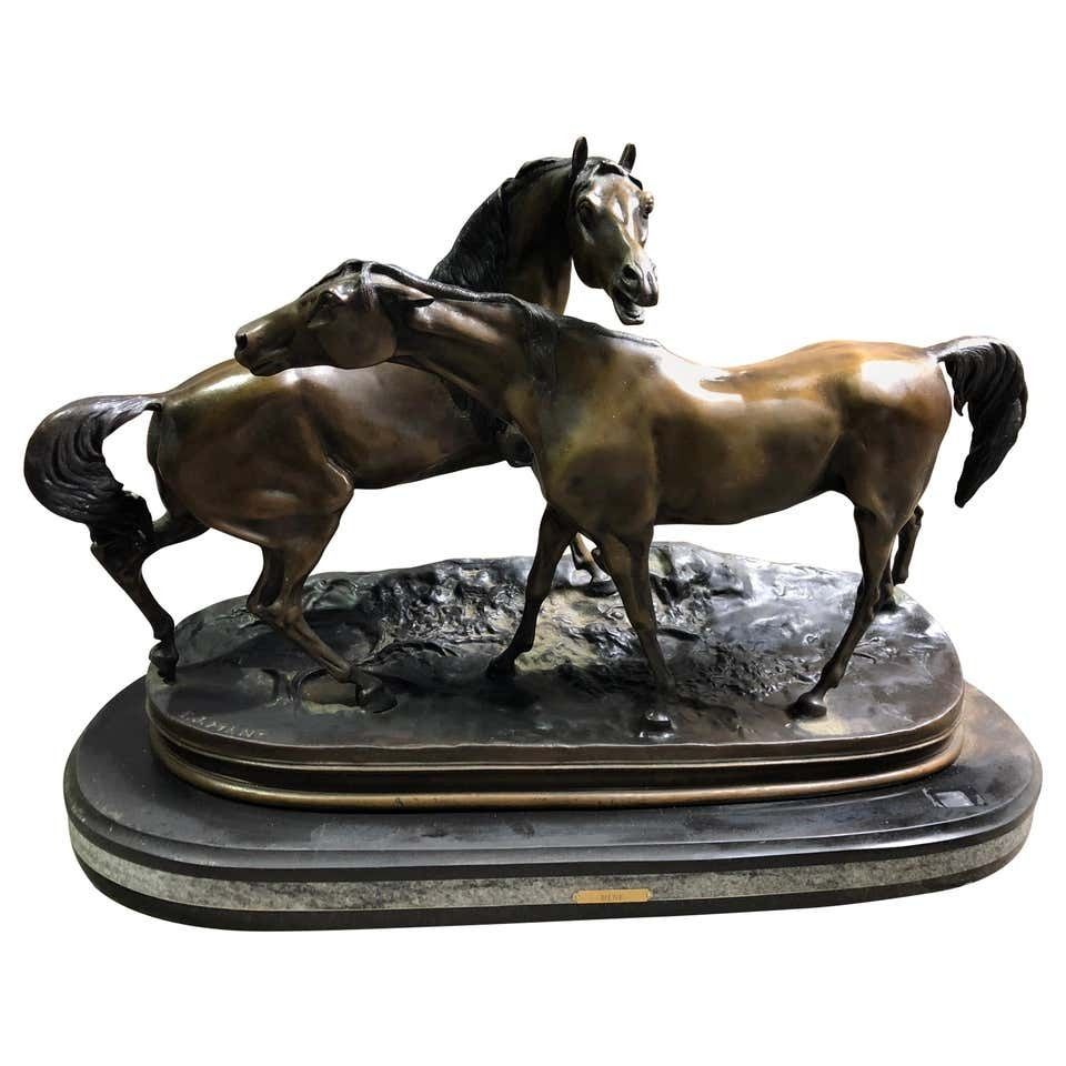 French Patinated Miniature Bronze Figure Of Two Horses By P.J. Mene