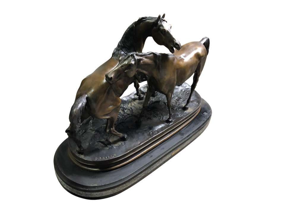 photo furniture French Patinated Miniature Bronze Figure Of Two Horses By P.J. Mene