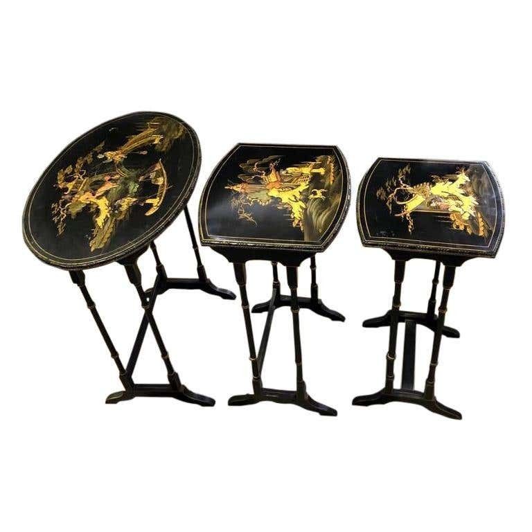 Set Of Three Carved Chinese Chinoiserie Nested Tables