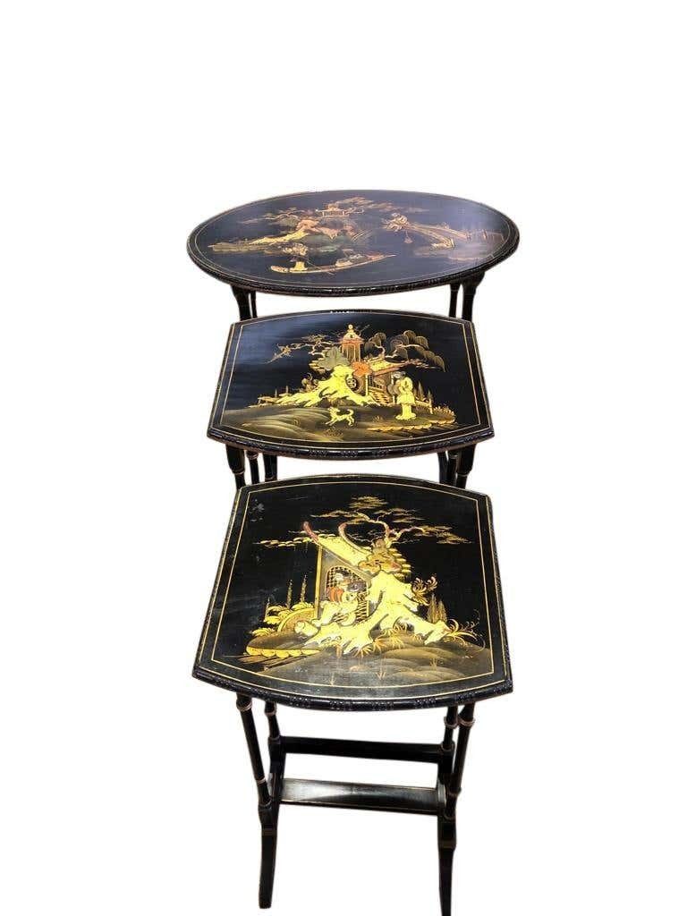 Set Of Three Carved Chinese Chinoiserie Nested Tables photo for sale