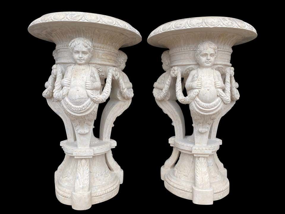 20th Century Large Pair Of Hand Carved Marble Planters photo furniture