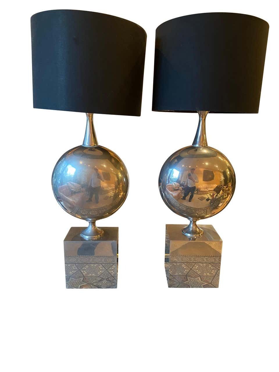 Maison Barbier Pair Of Chromed Steel Table Lamps, 1970s photo furniture