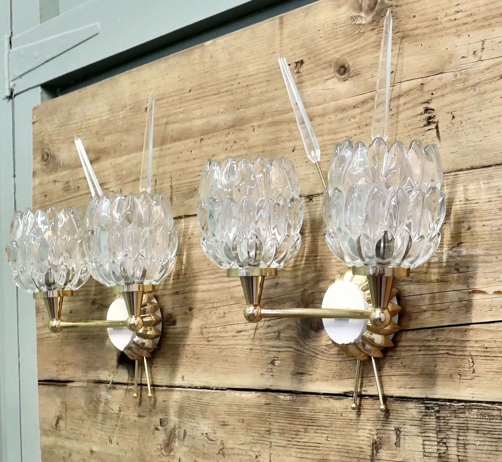 A Pair Of French Art Deco Heavy Crystal And Brass Wall Lights photo furniture