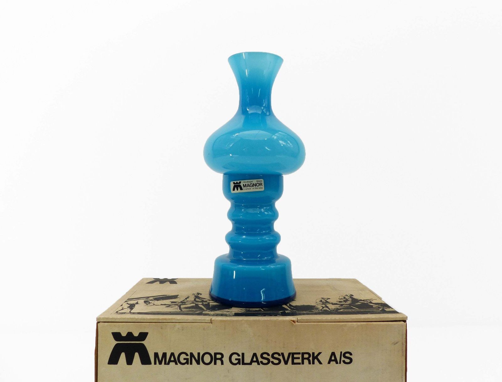 Turquoise Blue Opaline Glass Candleholder, Scandinavian Design, Magnor Glassverk, Norway, Circa 1960