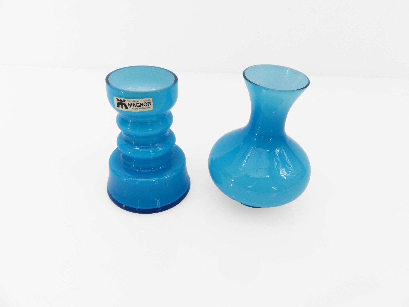 Turquoise Blue Opaline Glass Candleholder, Scandinavian Design, Magnor Glassverk, Norway, Circa 1960 photo for sale