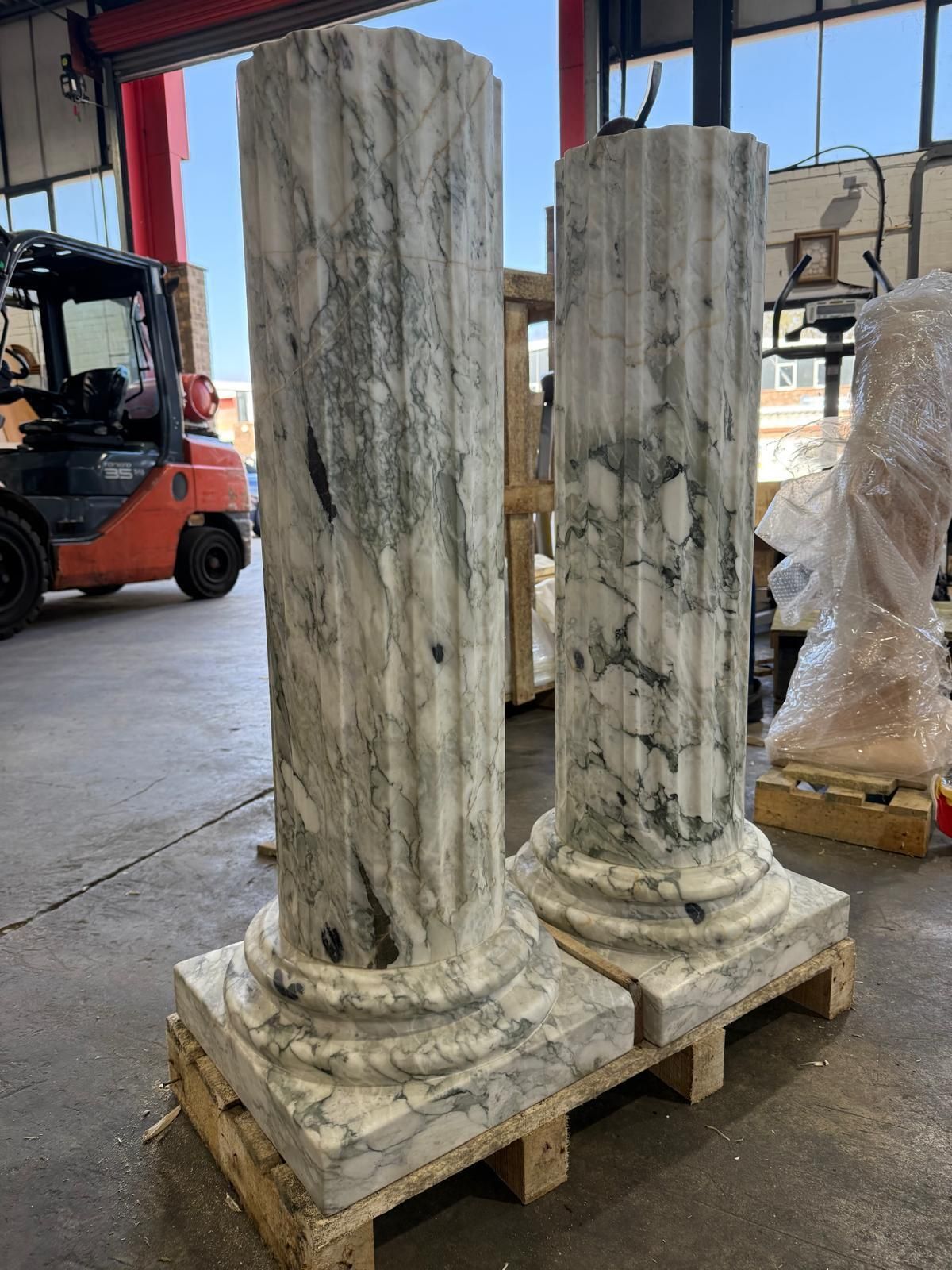Pair Of Grand Fluted Verde Alpi Marble Columns On Stepped Bases photo buy