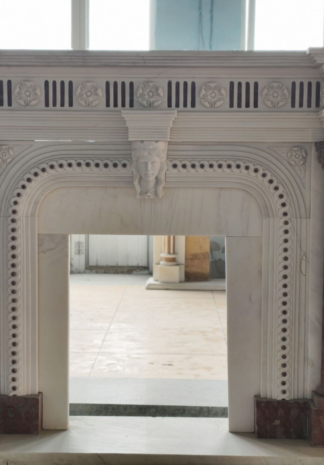 Striking Neoclassical Marble Fireplace Mantle With Red Marble Columns photo furniture