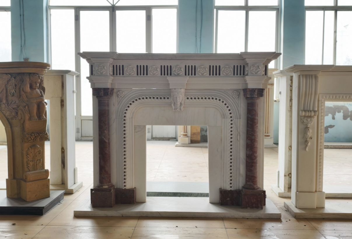 Striking Neoclassical Marble Fireplace Mantle With Red Marble Columns photo 6500.0