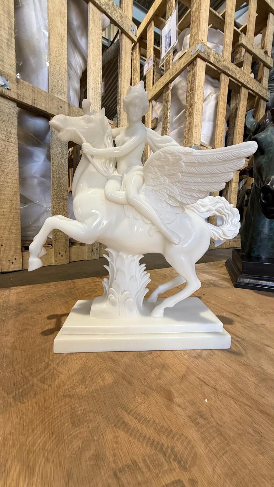 Exquisite Hand Carved White Marble Sculpture Of Pegasus And Rider