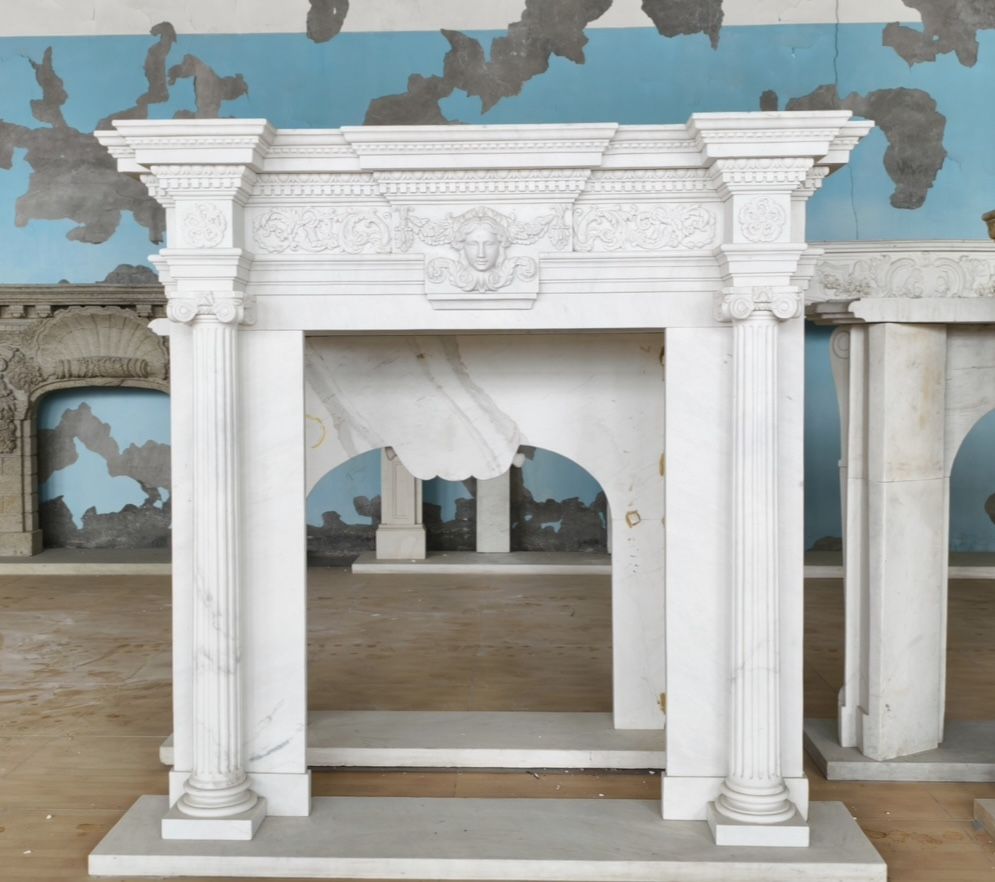 Grand Neoclassical White Marble Fireplace Mantle With Classical Mask
