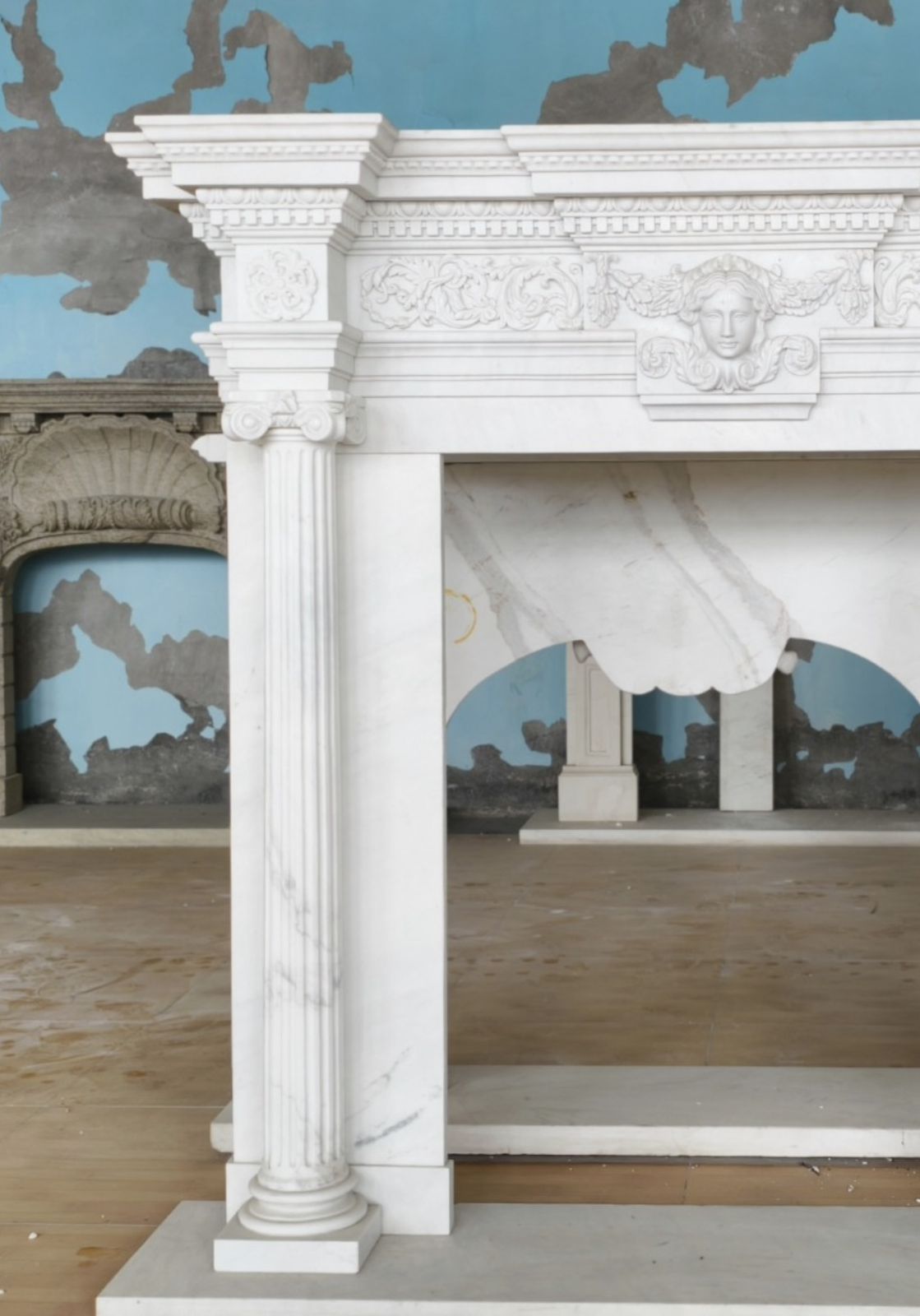 Grand Neoclassical White Marble Fireplace Mantle With Classical Mask photo Home Fixtures