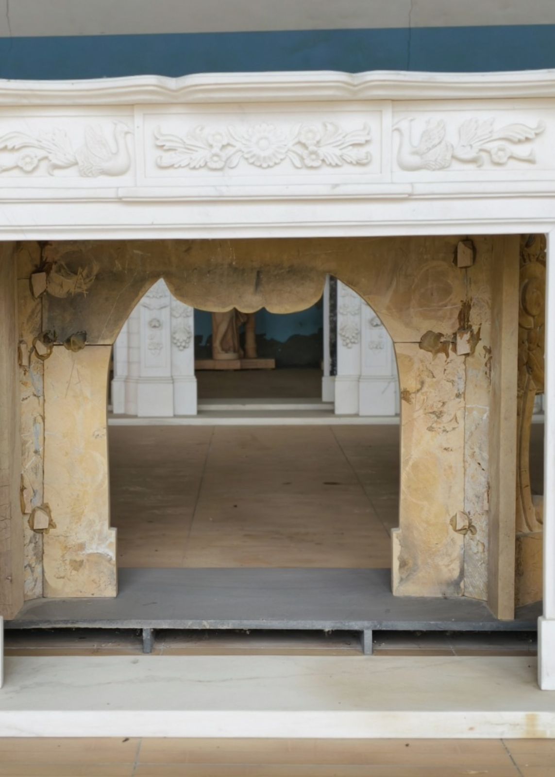 Elegant Hand Carved White Marble Fireplace Mantle With Swan And Floral Relief photo for sale