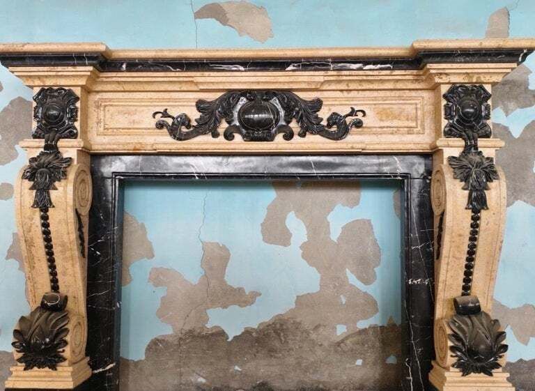 Dramatic Two Tone Baroque Style Marble Fireplace Mantle photo for sale