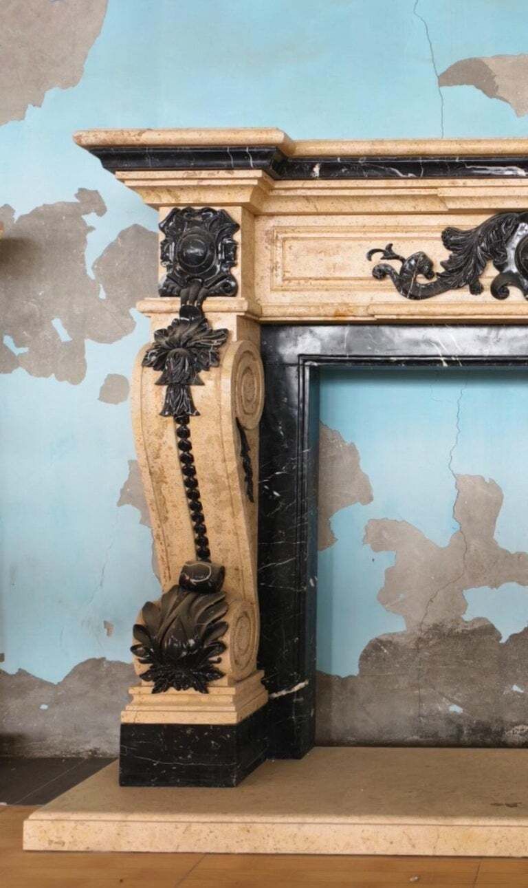 Dramatic Two Tone Baroque Style Marble Fireplace Mantle photo Home Fixtures