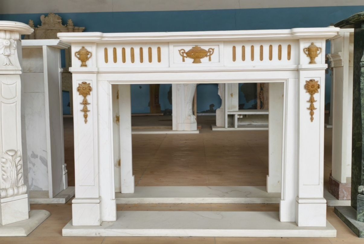 Neoclassical Hand Carved White Marble Fireplace Mantle photo furniture
