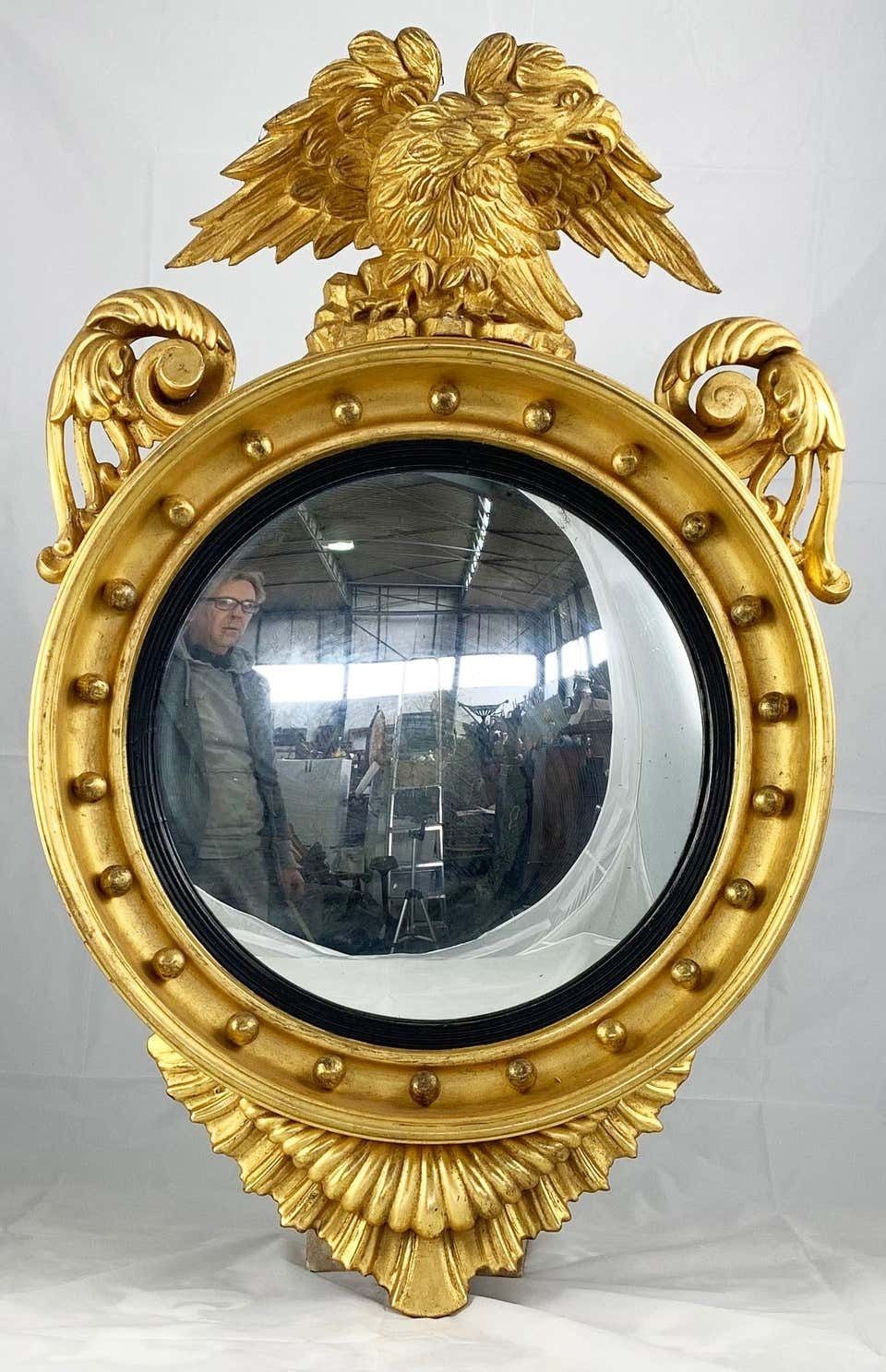 19th Century Impressive Regency Giltwood Carved Convex Wall Mirror photo furniture