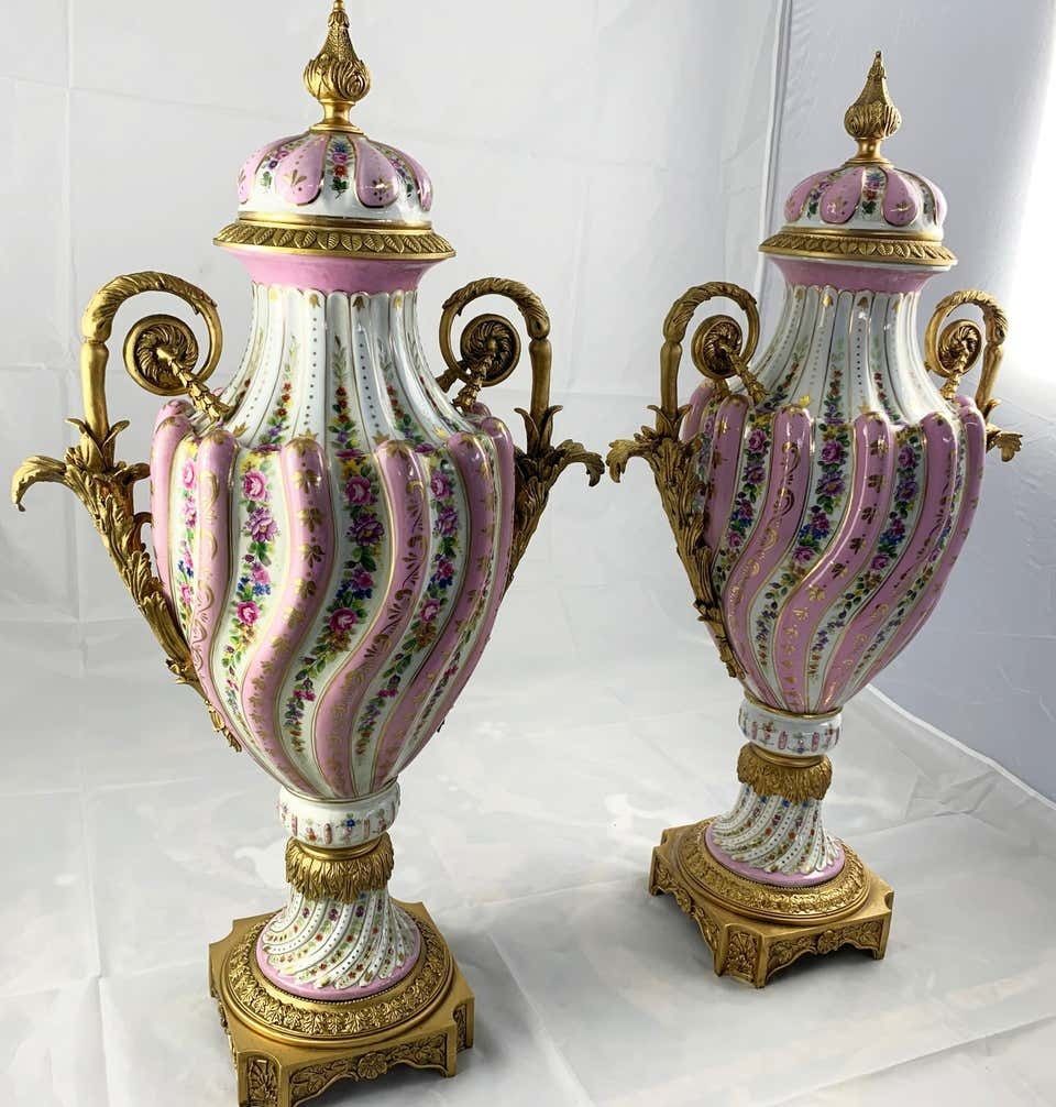 20th Century Pair Of Ormolu Mounted Pink Sevres Vases With Lids photo 4800.0