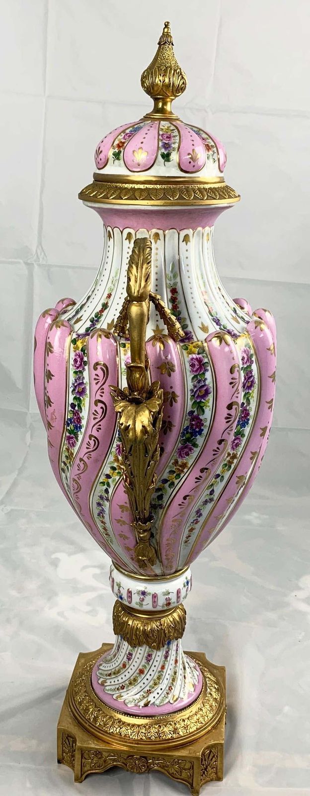 photo for sale 20th Century Pair Of Ormolu Mounted Pink Sevres Vases With Lids