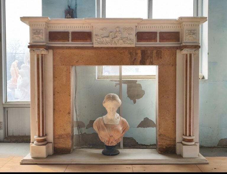 Elegant Neoclassical Marble Fireplace Mantle With Terracotta Inlay