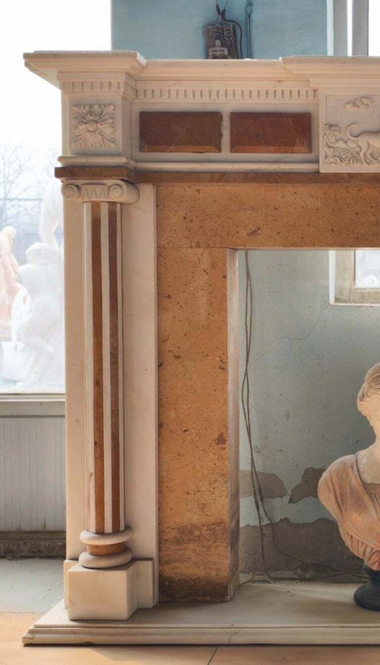 Elegant Neoclassical Marble Fireplace Mantle With Terracotta Inlay photo 6500.0
