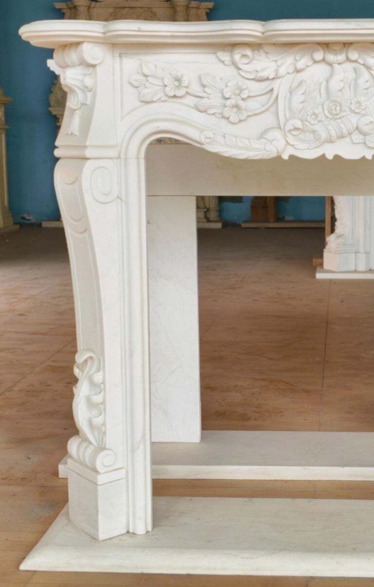 Graceful French Louis XV Style Hand Carved White Marble Fireplace Mantle photo furniture