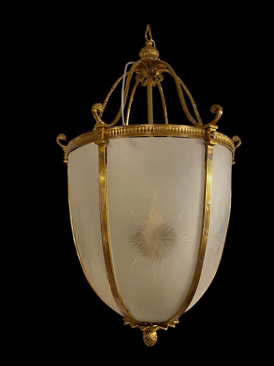 20th Century Large Hanging Frosted Glass And Ormolu Lantern photo for sale