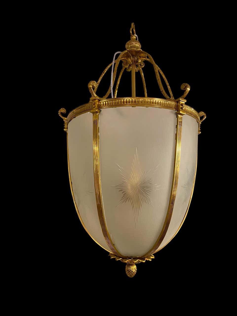 Lighting 20th Century Large Hanging Frosted Glass And Ormolu Lantern photo