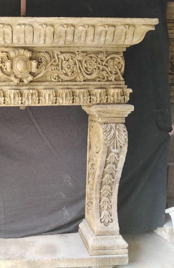 Solid Sandstone Fireplace Mantle With Floral Design – 20th Century photo Home Fixtures