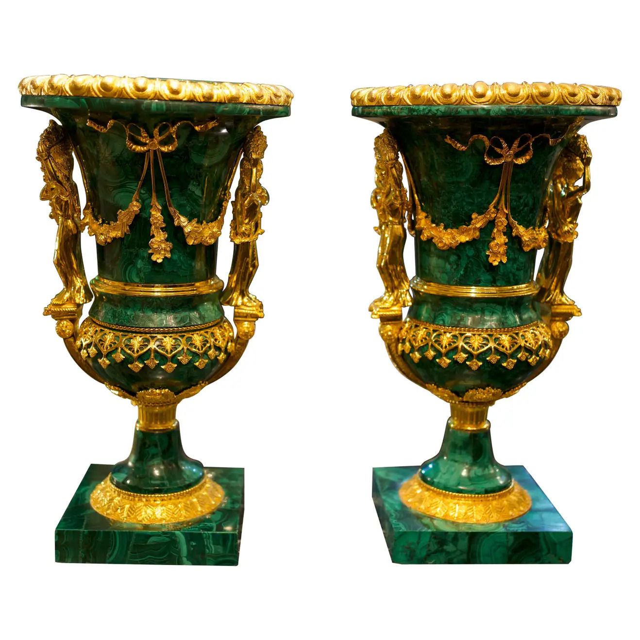 20th Century Pair Monumental Gilt Bronze Mounted Malachite Urns