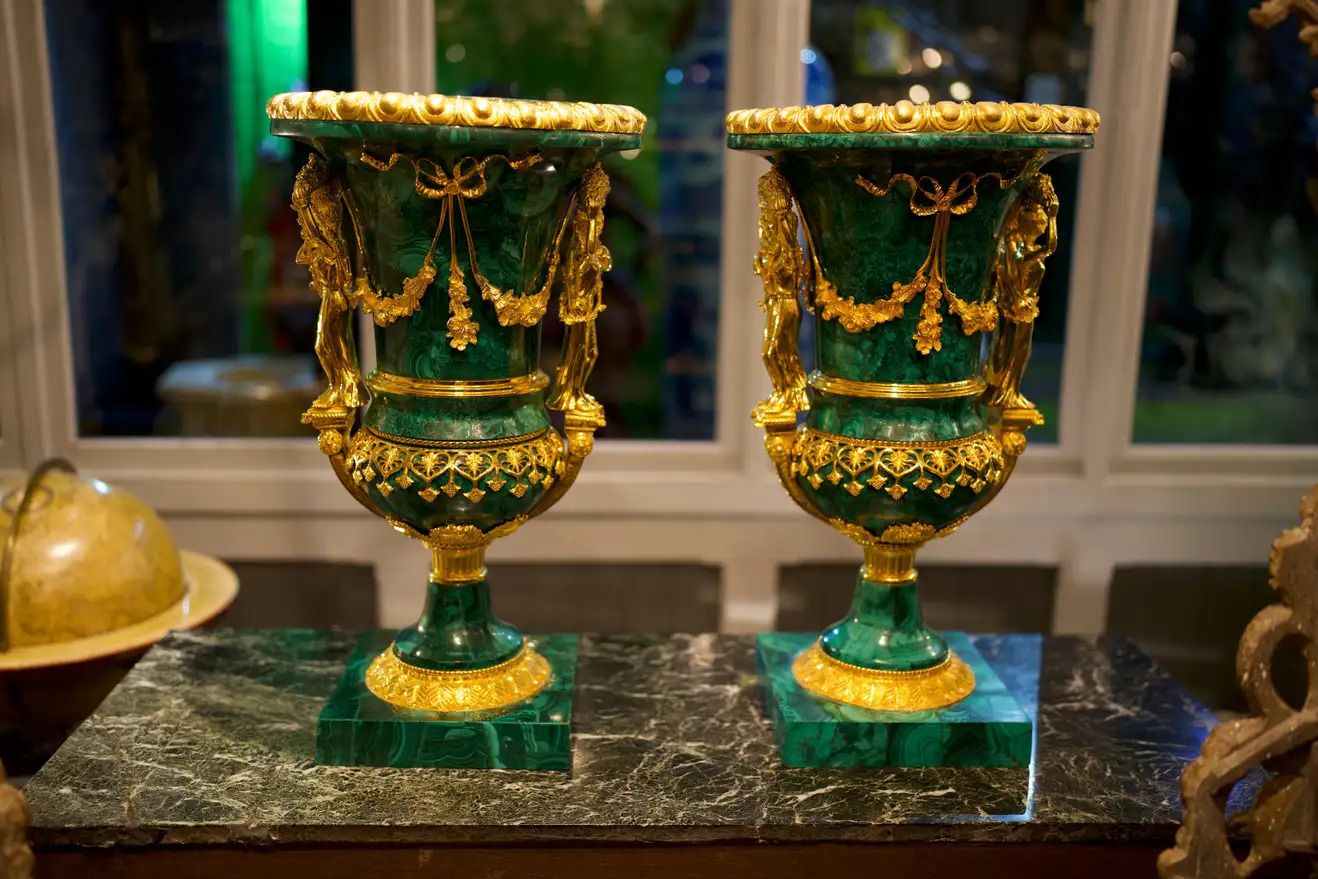 20th Century Pair Monumental Gilt Bronze Mounted Malachite Urns photo furniture